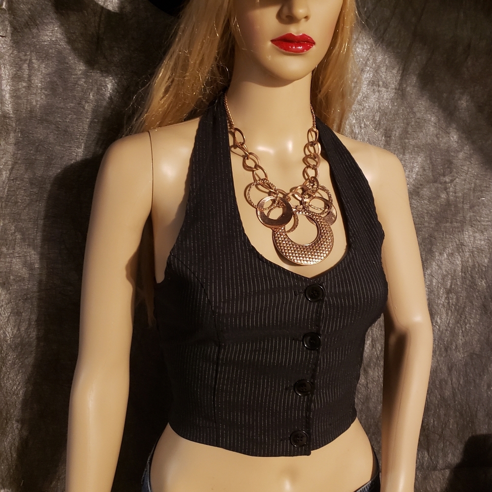 Black Pinstripe Crop Halter